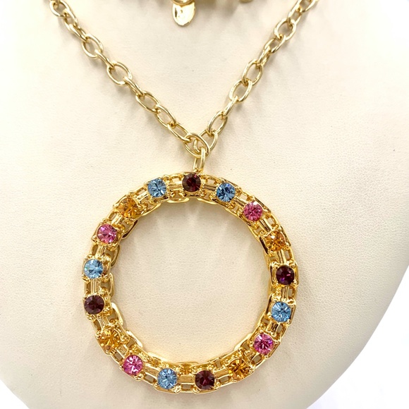 CAT DEELEY MODERN VINTAGE NECKLACE GOLD TONE RHINESTONE CIRCLE PENDANT - Picture 4 of 9